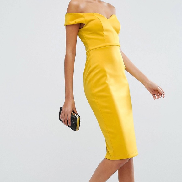 NWT ASOS Mustard Yellow Bardot Sweetheart Off the Shoulder Midi Dress - Picture 2 of 9